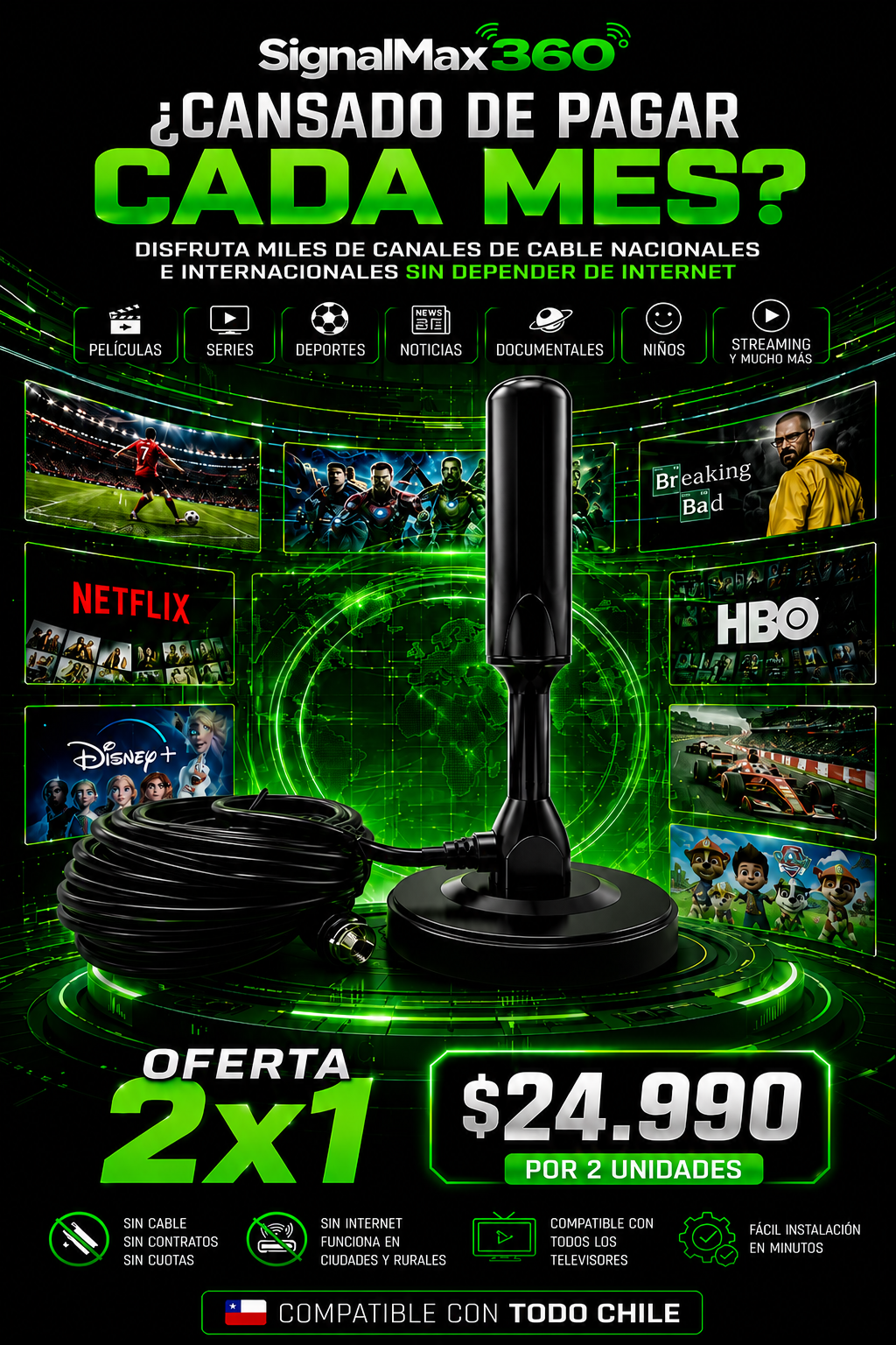 SignalMax 360°  – Antena TV Digital TDT 4K UHD Profesional +3000 Canales