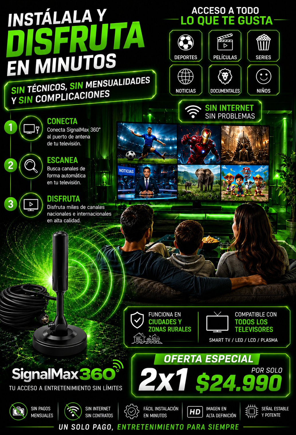 SignalMax 360°  – Antena TV Digital TDT 4K UHD Profesional +3000 Canales